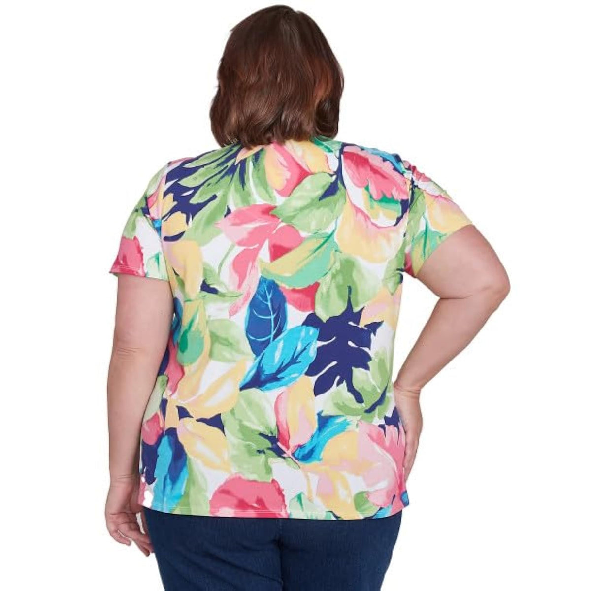 Alfred Dunner Key Item Cotton Tropical Leaves Short Sleeve (US, Alpha, 1X, Plus, Regular, Plus Size, Multi)