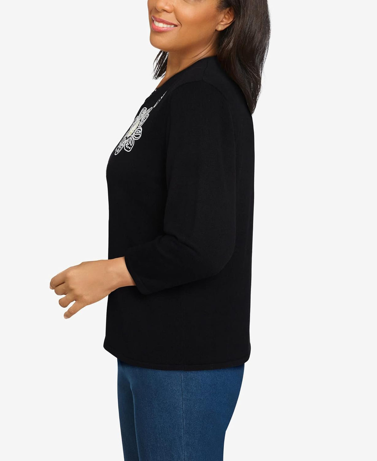 Alfred Dunner Women's Petite Solid Floral Embroidery Strappy V-Neck Sweater Size PL Black