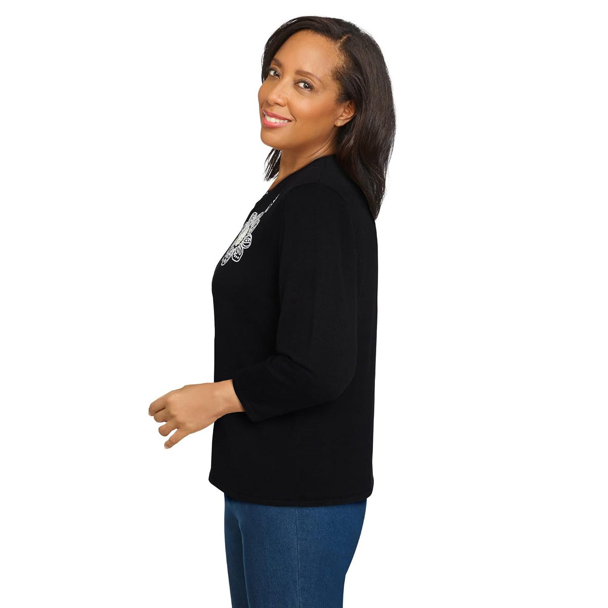 Alfred Dunner Women's Petite Solid Floral Embroidery Strappy V-Neck Sweater Size PL Black
