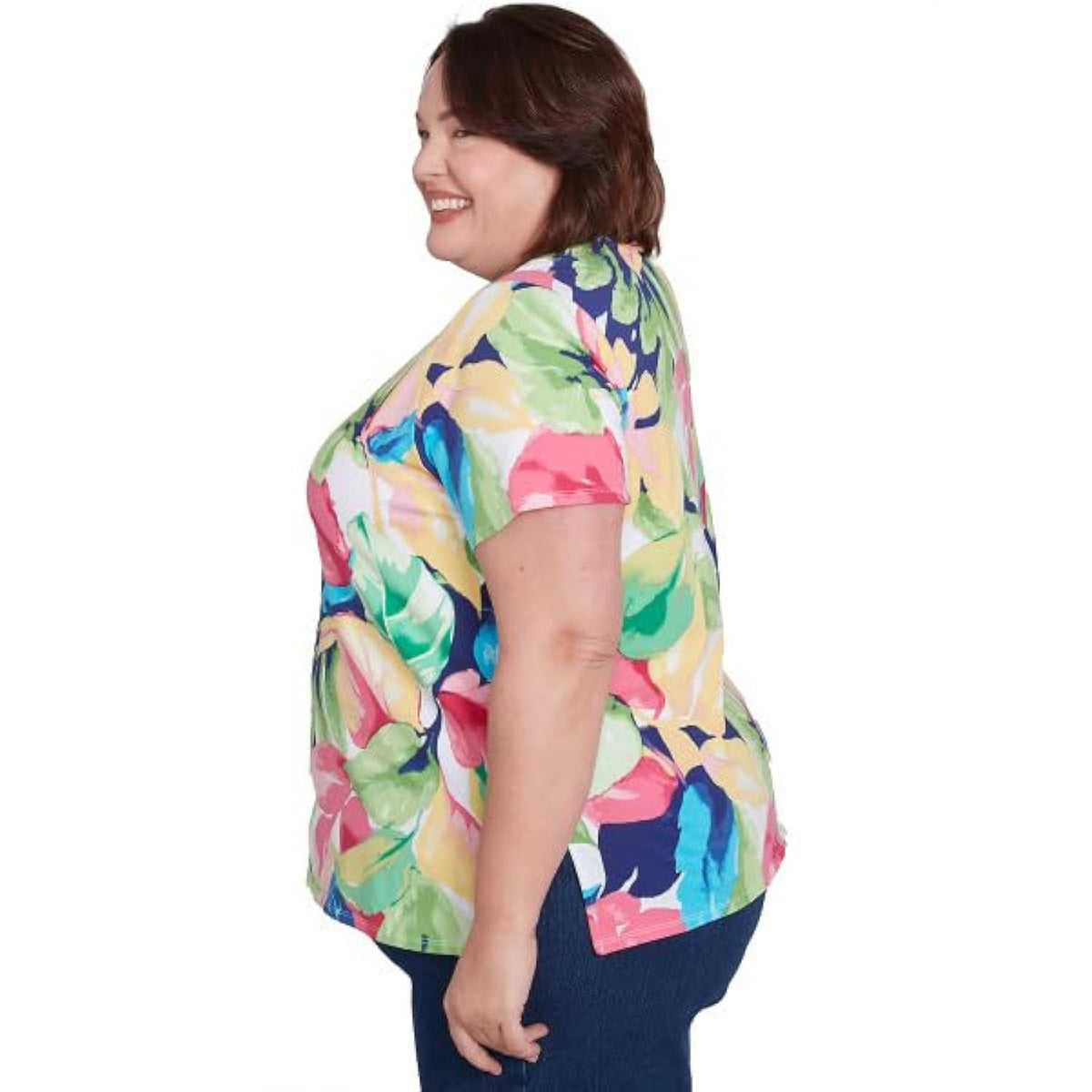 Alfred Dunner Key Item Cotton Tropical Leaves Short Sleeve (US, Alpha, 1X, Plus, Regular, Plus Size, Multi)