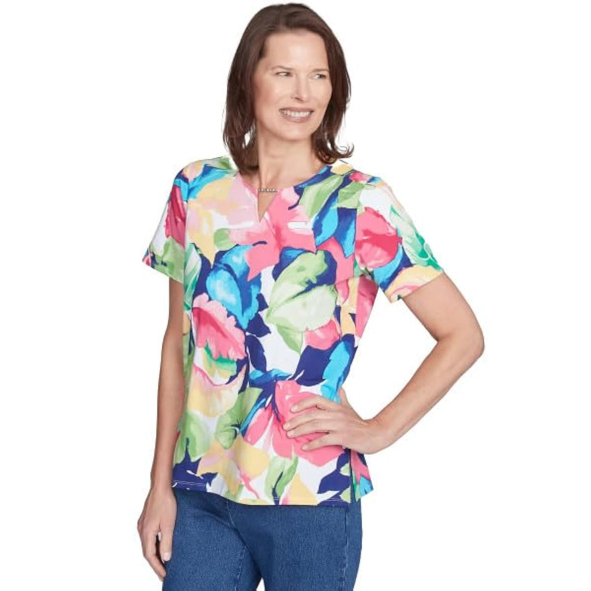 Alfred Dunner Key Item Cotton Tropical Leaves Short Sleeve (US, Alpha, Small, Regular, Regular, Standard, Multi)