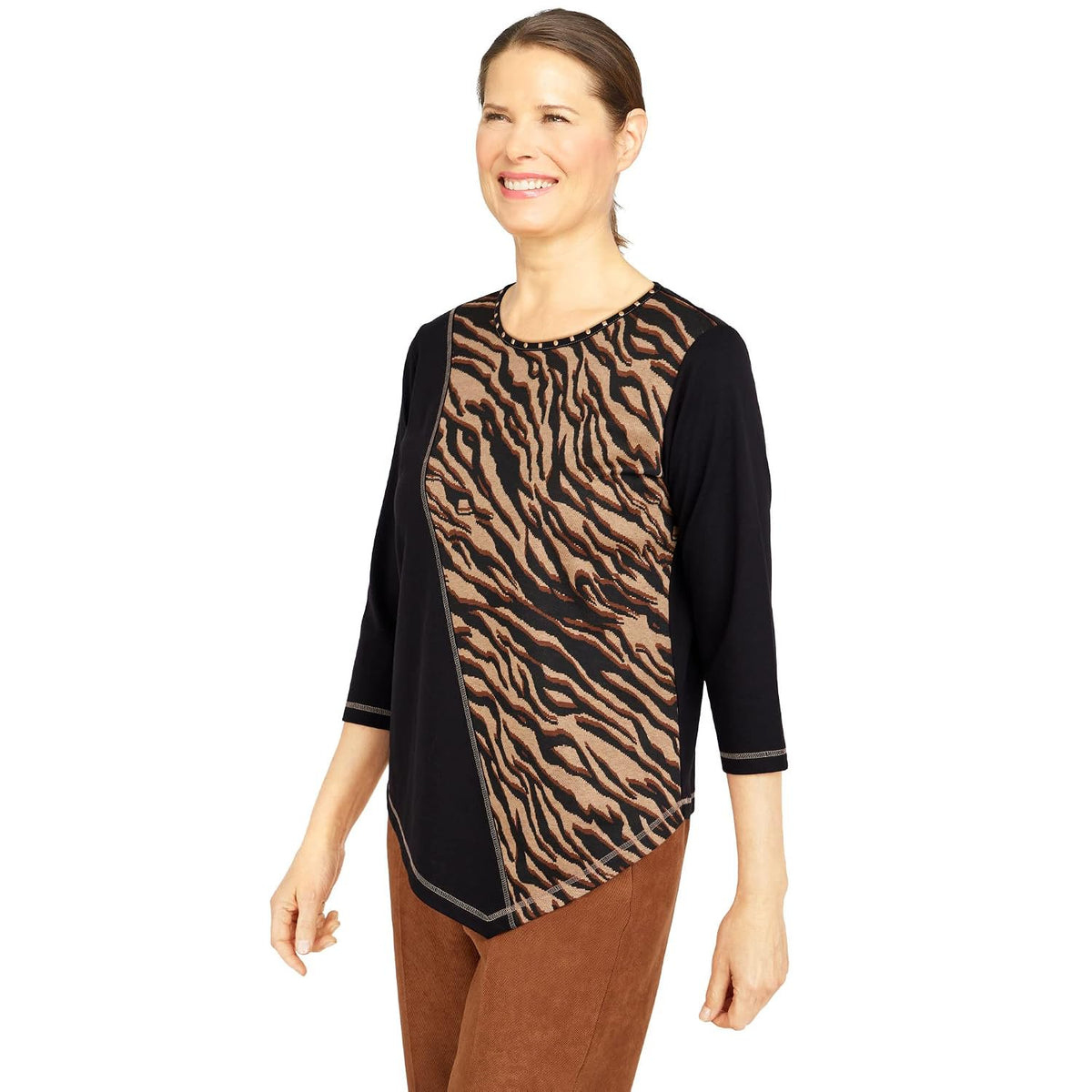 Alfred Dunner Women's Petite Womens Spliced Asymmetrical Hemline 3/4 Sleeve Top Size PS Multi