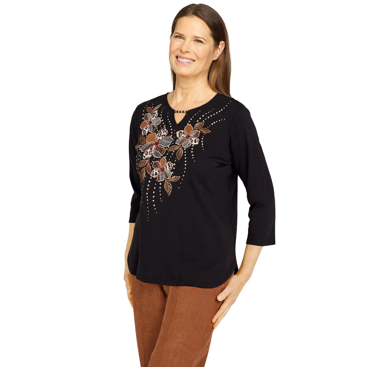 Alfred Dunner Women's Petite Womens Beaded Split Neck 3/4 Sleeve Top Size PS Black