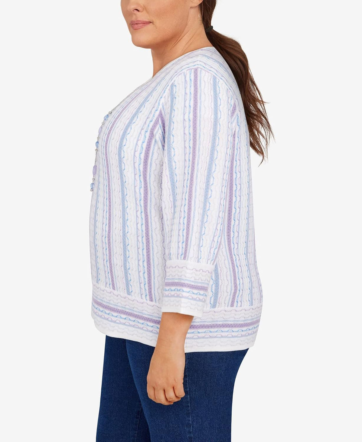 Alfred Dunner Women's Plus-Size Womens Crewneck Three-Quarter Bell Sleeve Stripe Sweater with Removable Necklace Size 3X Multi