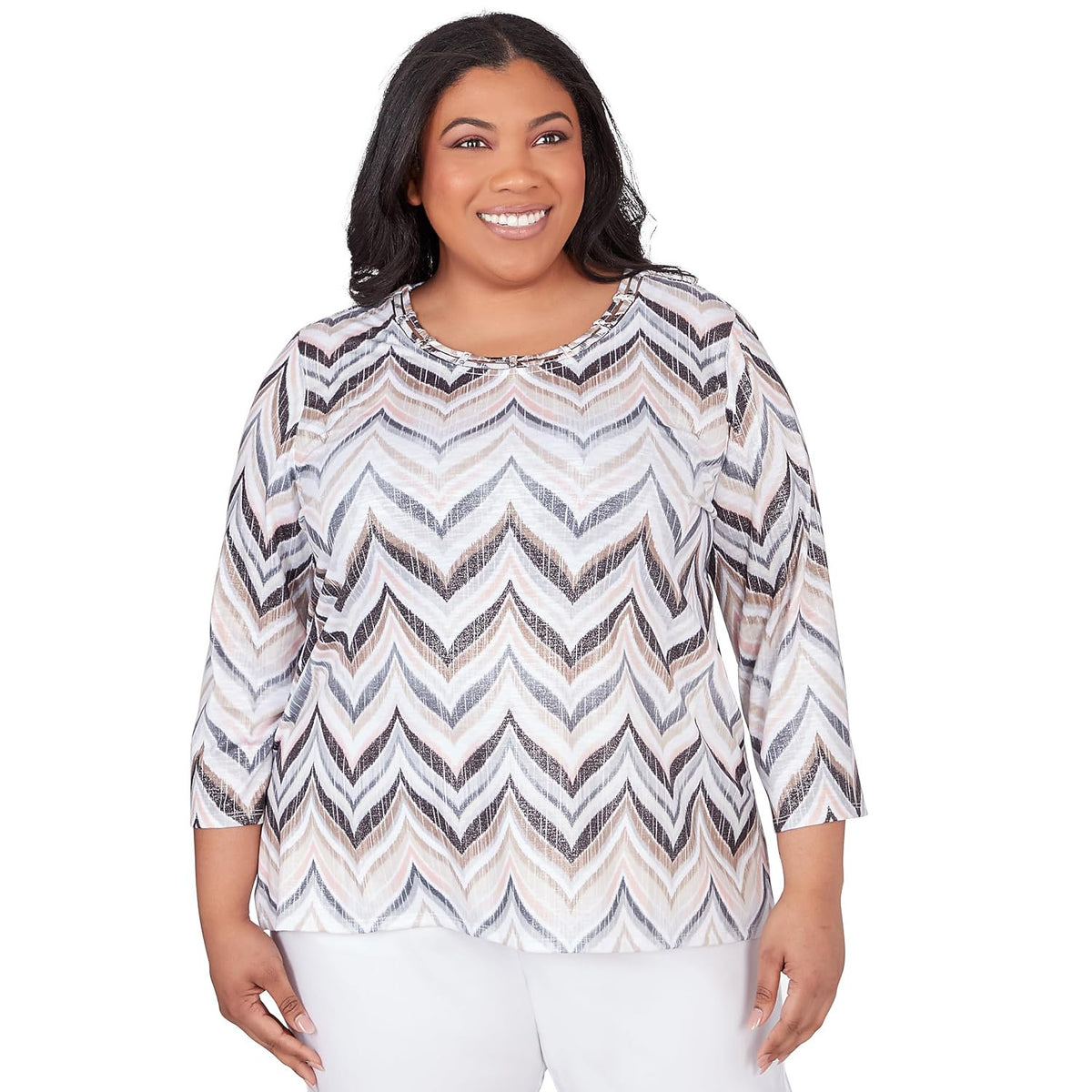 Alfred Dunner Classics Neutral Polyester ZigZag With Shimmer Top (US, Alpha, 1X, Plus, Regular, Plus Size, Multi)