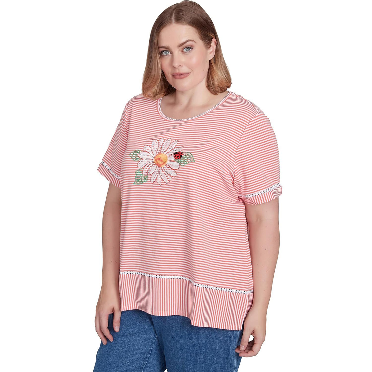 Alfred Dunner Women's Daisy Knit Striped Tee Size S Coral