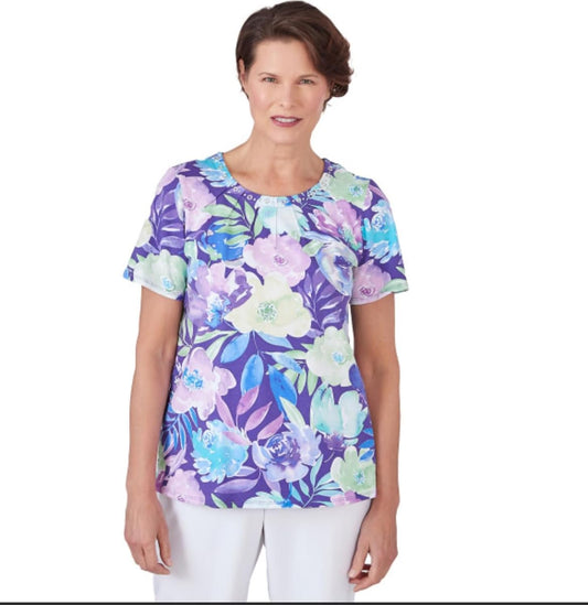 Alfred Dunner Floral Print Cotton Top (US, Alpha, Medium, Regular, Regular, Standard, Multi)