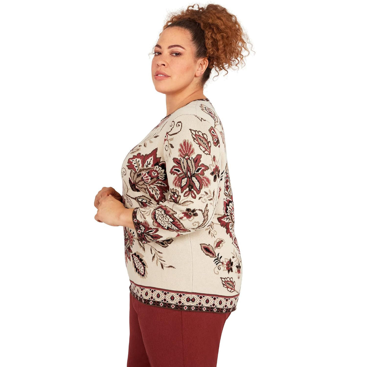 Alfred Dunner Women's Plus-Size Floral Jacquard Geometric Trim Sweater Size 3X Multi
