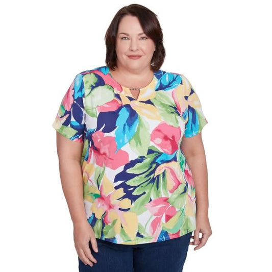 Alfred Dunner Key Item Cotton Tropical Leaves Short Sleeve (US, Alpha, 1X, Plus, Regular, Plus Size, Multi)