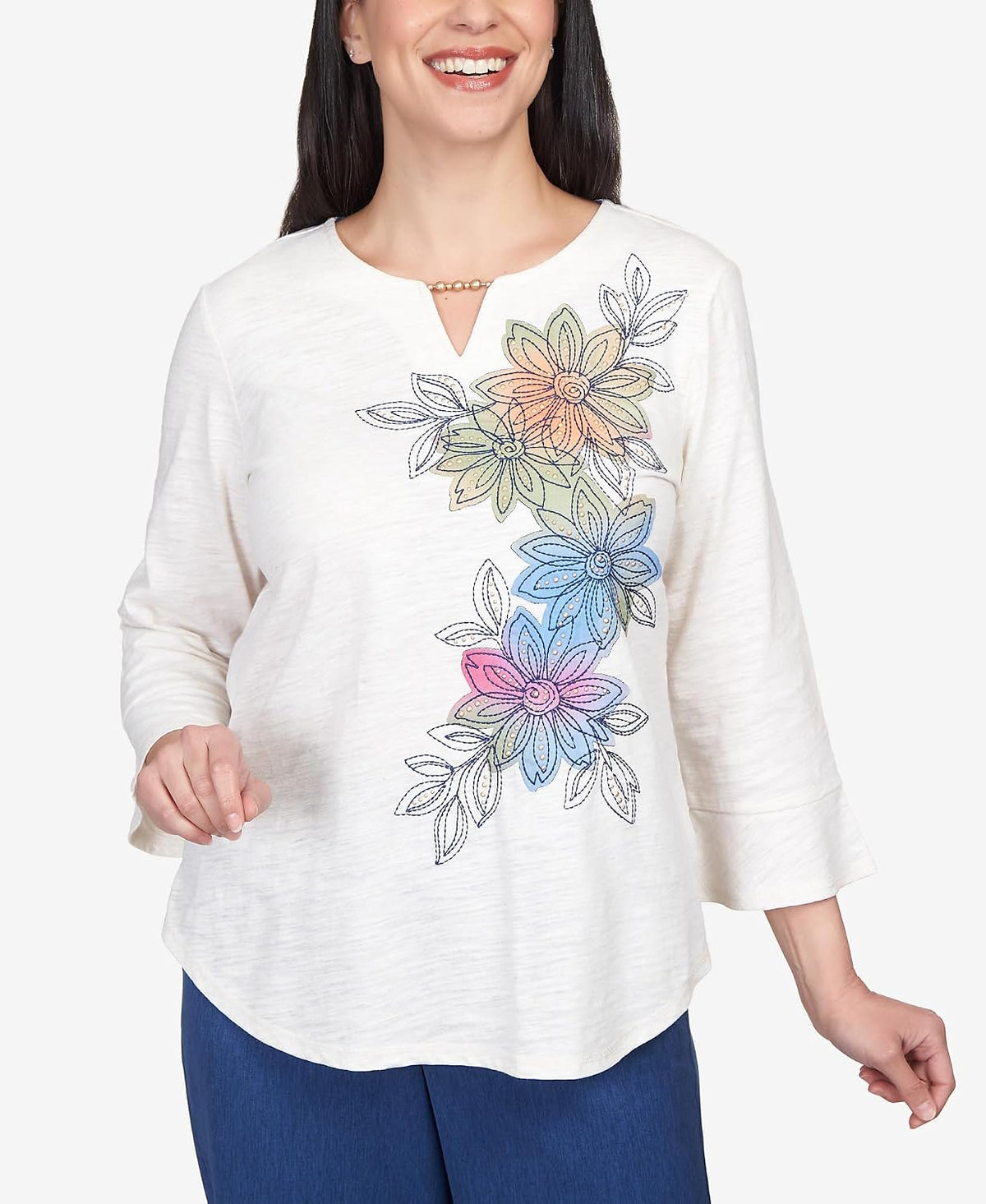 Alfred Dunner Women's Asymmetric Flower Embroidery Shirttail Top Size M Oatmeal