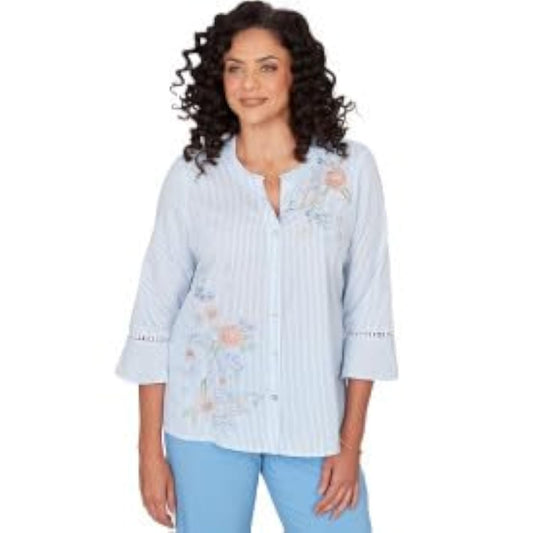 Alfred Dunner ST.Augustine Embroidered Strip Cotton Shirt (US, Alpha, Small, Regular, Regular, Standard, Blue)