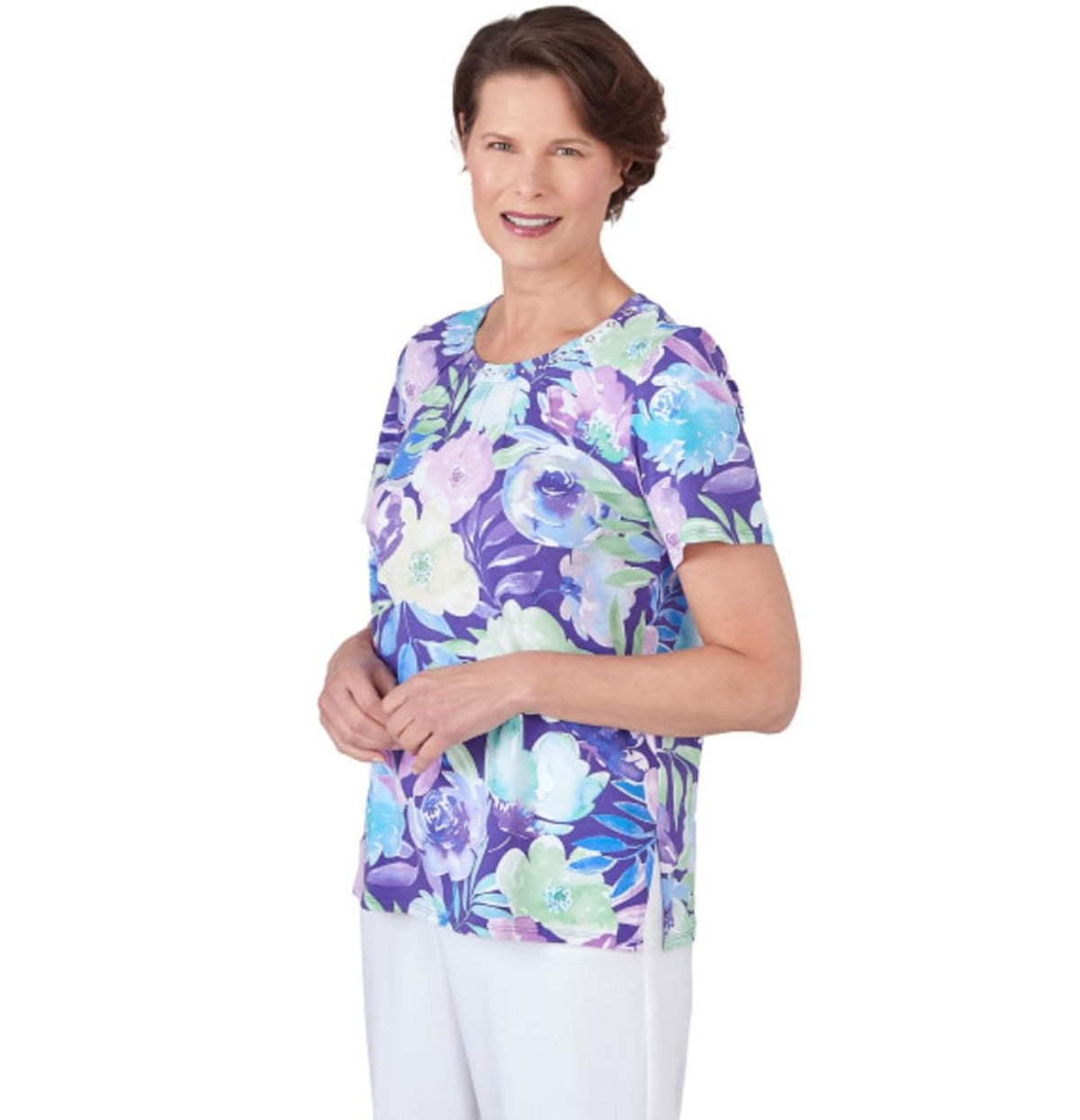 Alfred Dunner Floral Print Cotton Top (US, Alpha, Medium, Regular, Regular, Standard, Multi)