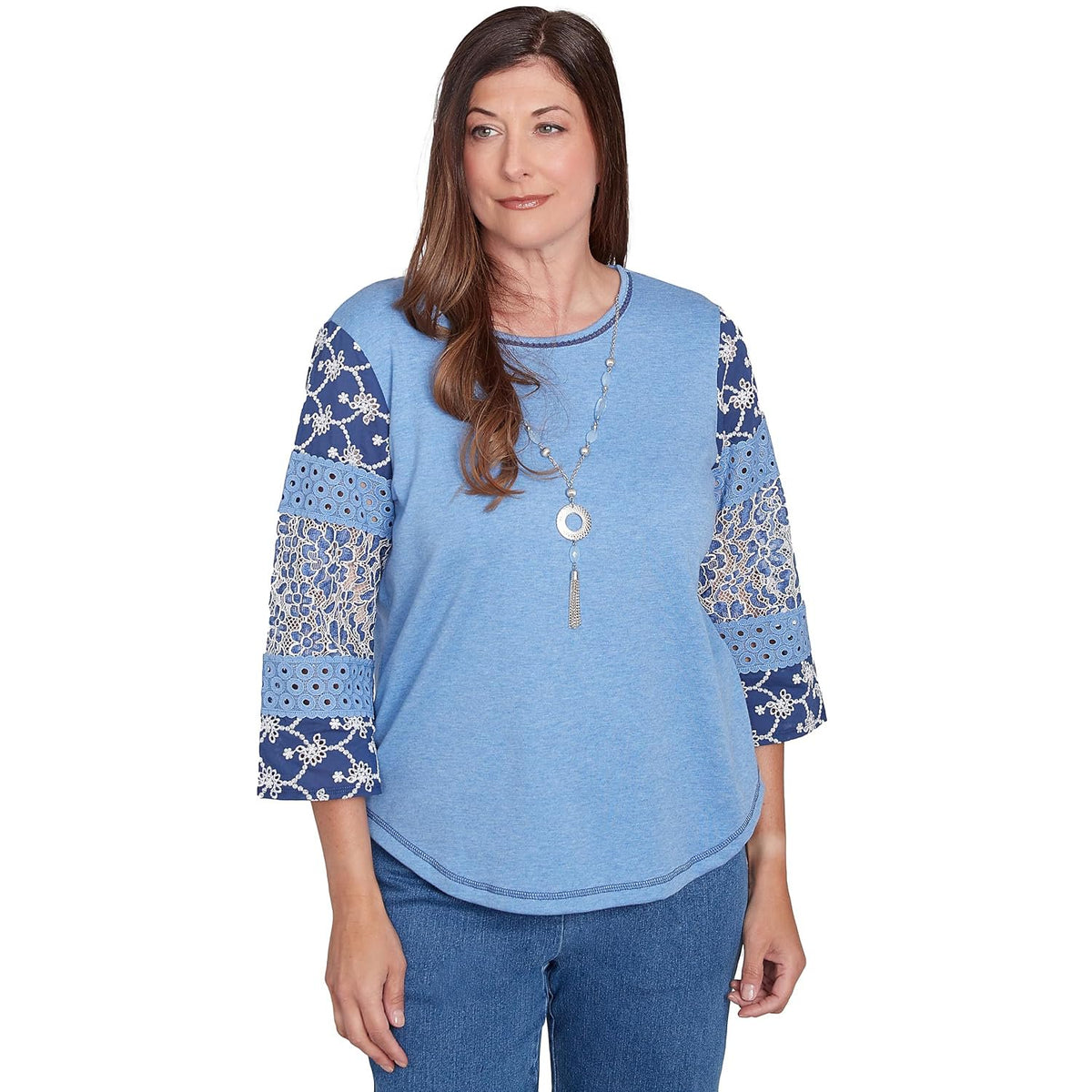 Alfred Dunner Free Spirit Cotton/Poly Top with Patchwork Sleeve (US, Alpha, X-Large, Regular, Regular, Standard, Blue)