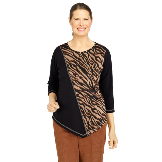 Alfred Dunner Women's Petite Womens Spliced Asymmetrical Hemline 3/4 Sleeve Top Size PS Multi