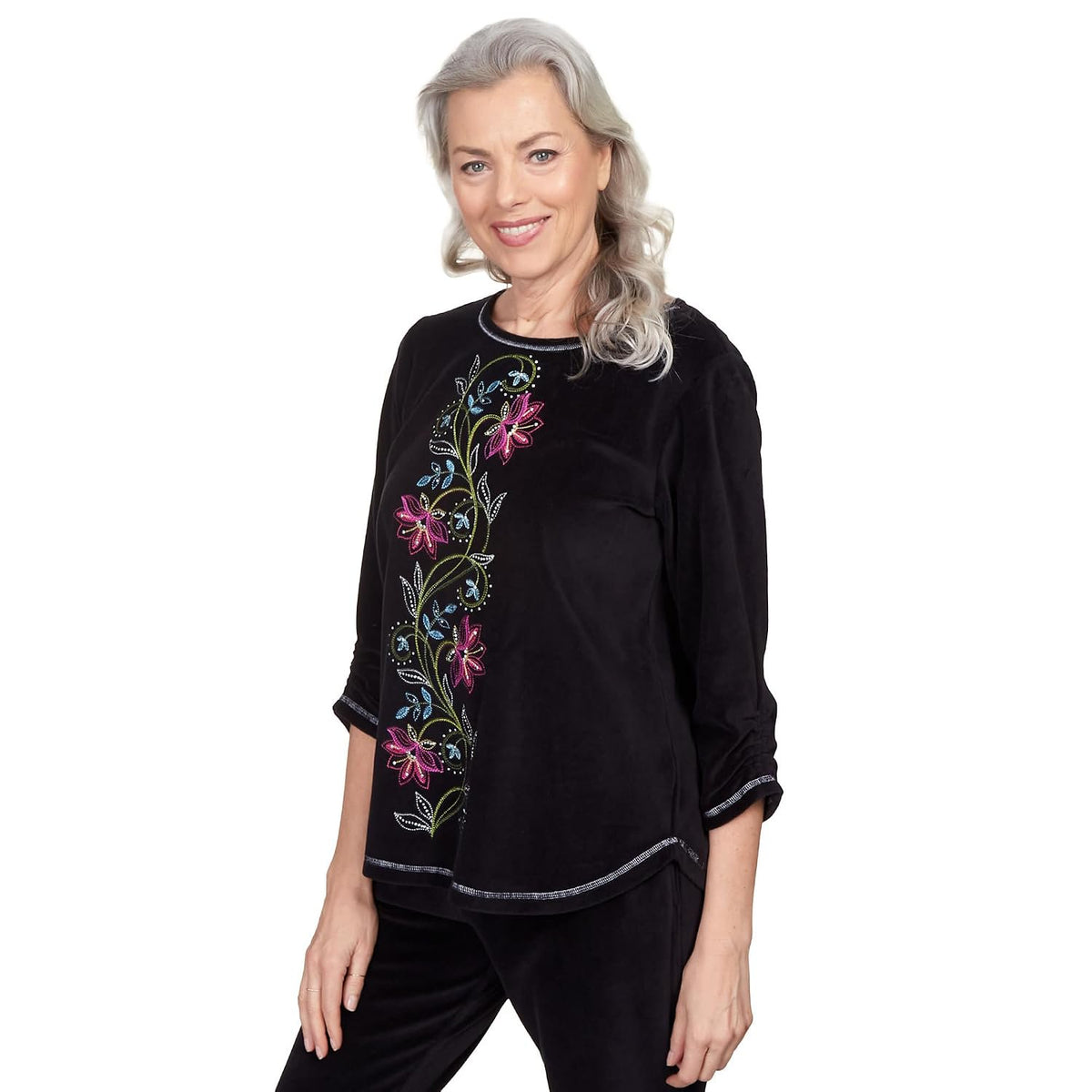Alfred Dunner Women's Center Floral Embroidered Velour Shirttail Top Size M Black