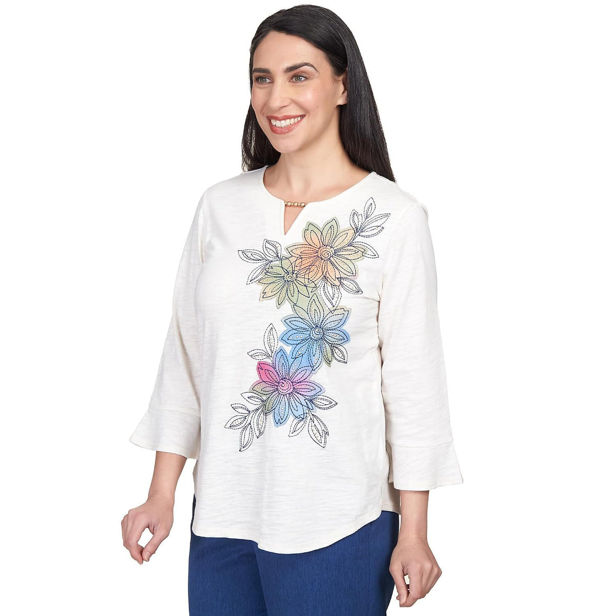 Alfred Dunner Women's Asymmetric Flower Embroidery Shirttail Top Size M Oatmeal