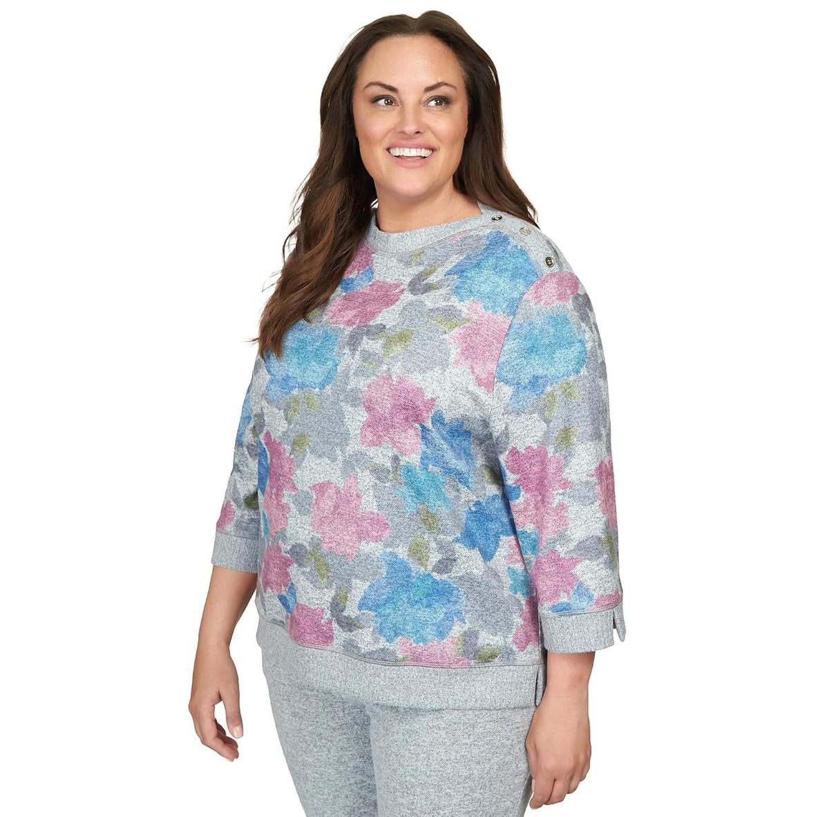 Alfred Dunner Comfort Zone Floral sweater With Slit Hem (US, Alpha, 1X, Plus, Regular, Standard, Multi)