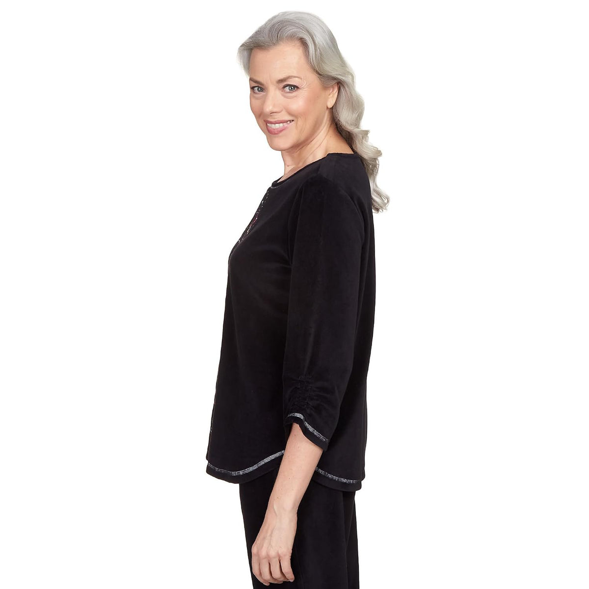 Alfred Dunner Women's Petite Center Floral Embroidered Velour Shirttail Top Size PS Black