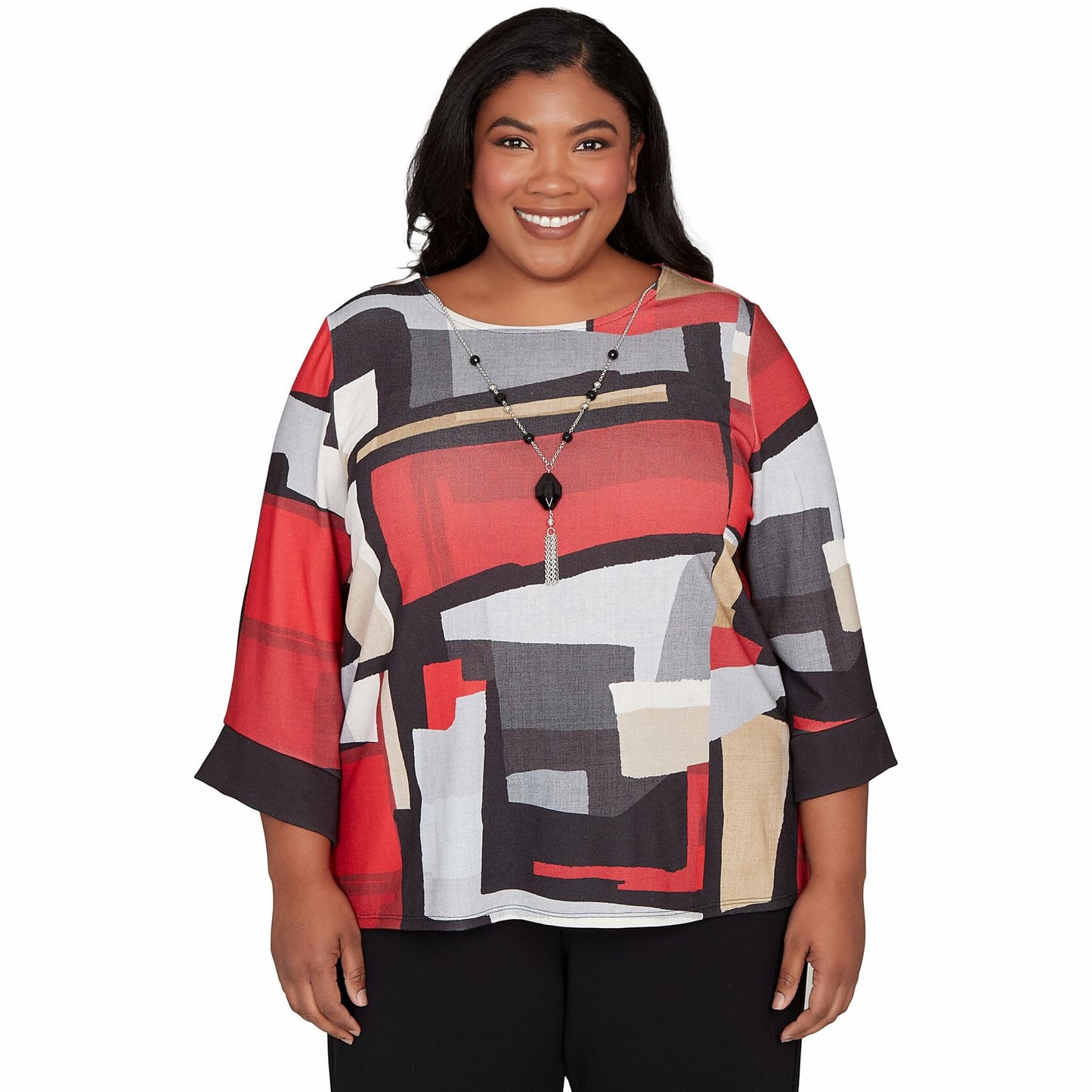 Alfred Dunner Colorblock Knit Top (US, Alpha, 1X, Plus, Regular, Plus Size, red/Multi)