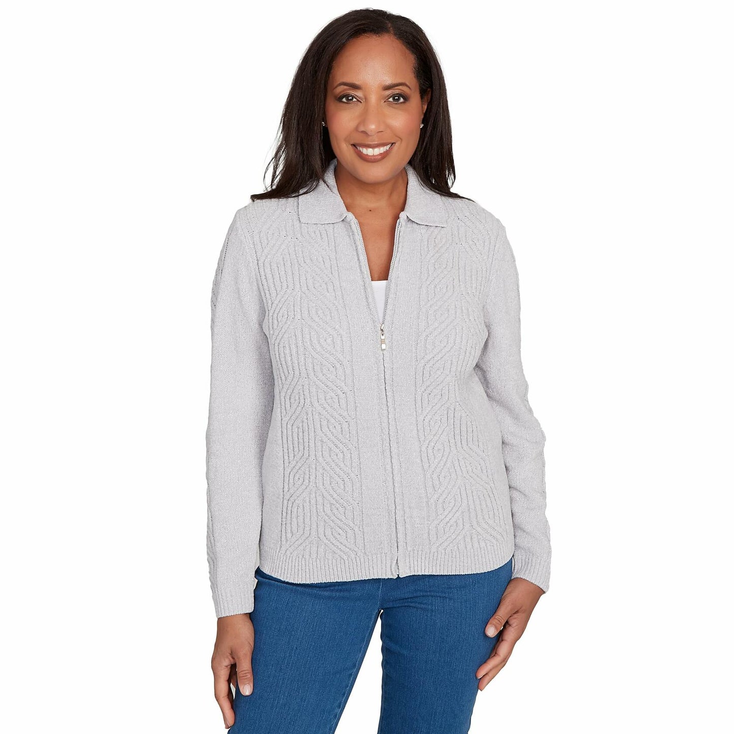 Alfred Dunner Chenille Zip Front Cardigan
