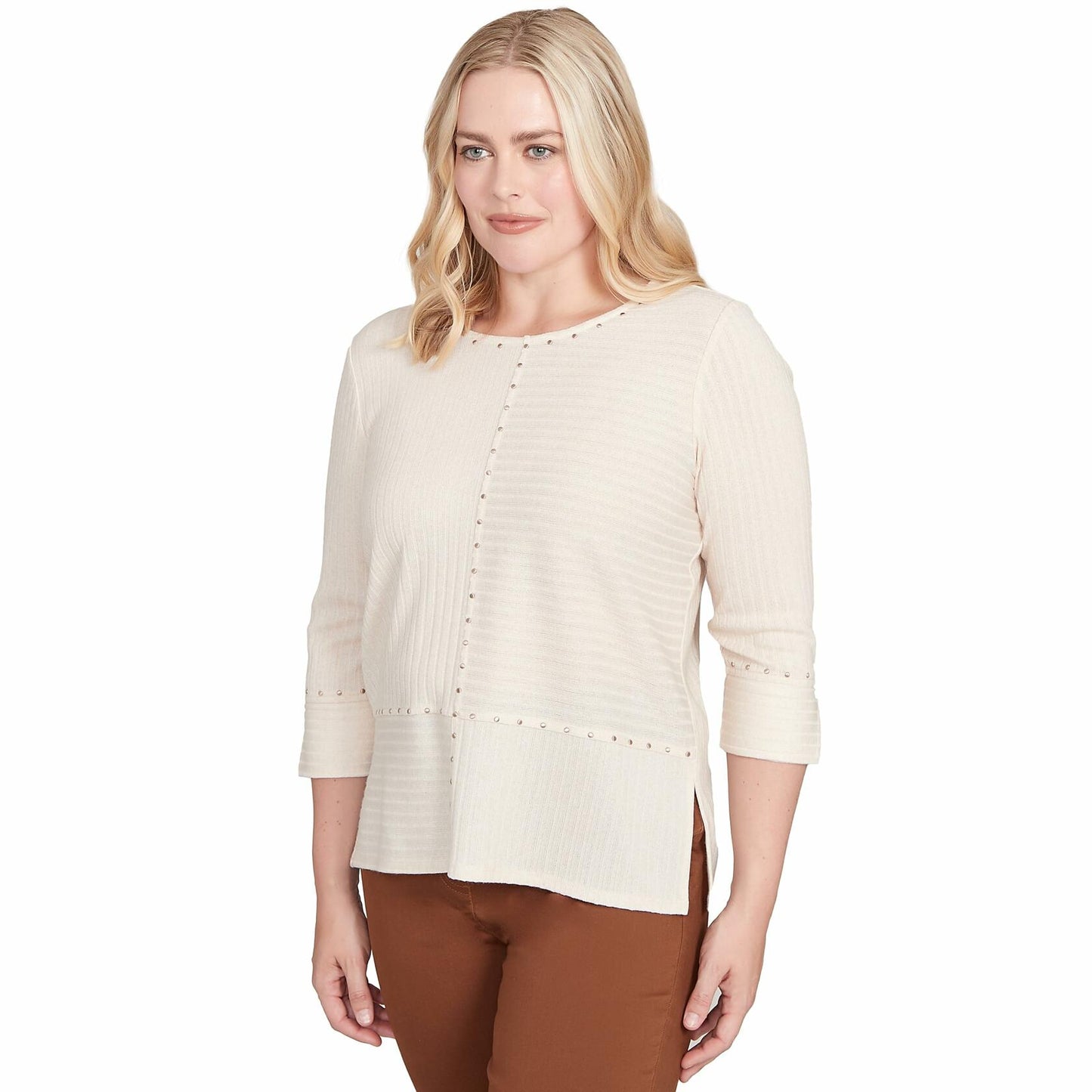 Alfred Dunner Women's Heat Set Embellished Solid Top Size M Oatmeal