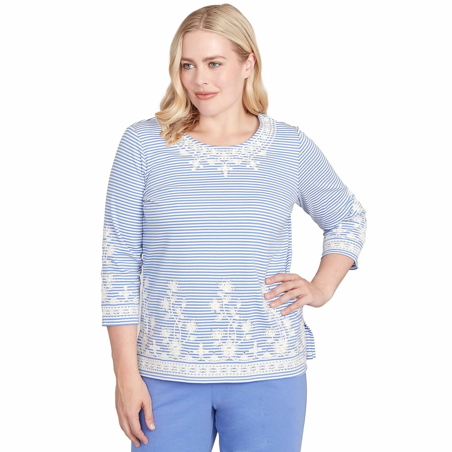 Alfred Dunner Women's Embellished Striped Crew Neck Top