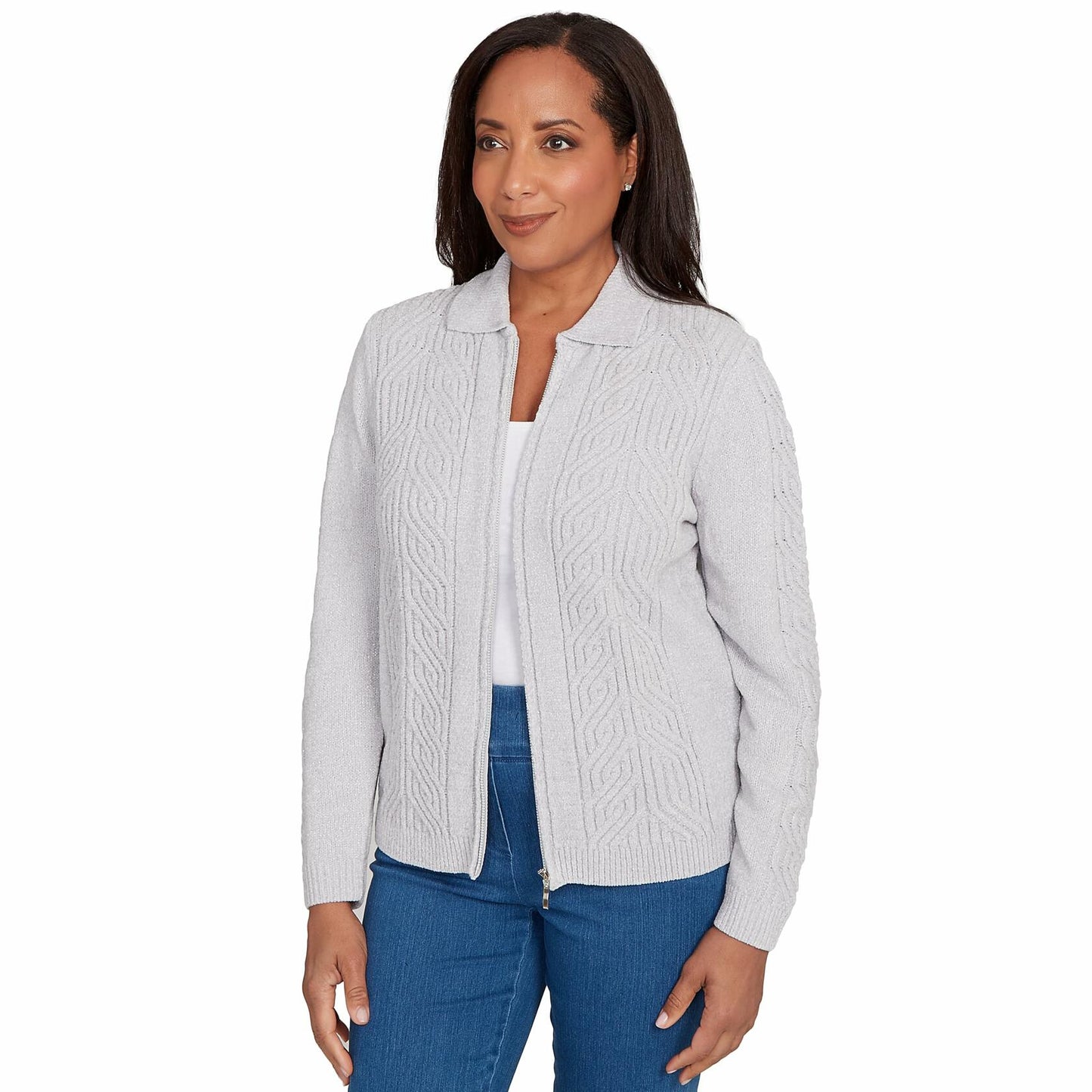 Alfred Dunner Chenille Zip Front Cardigan
