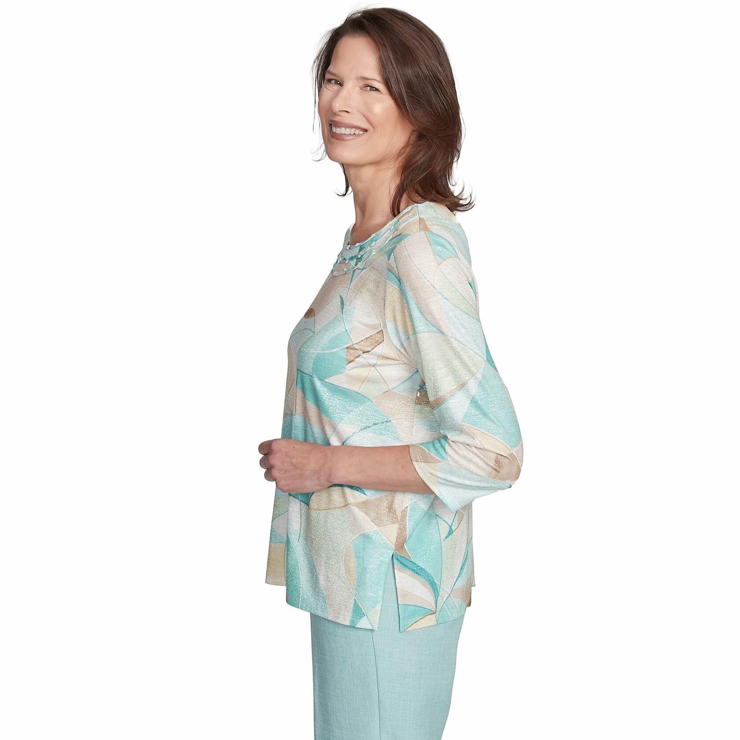 Alfred Dunner Women's Stained Glass Crew Neck Top, Multi Neutral