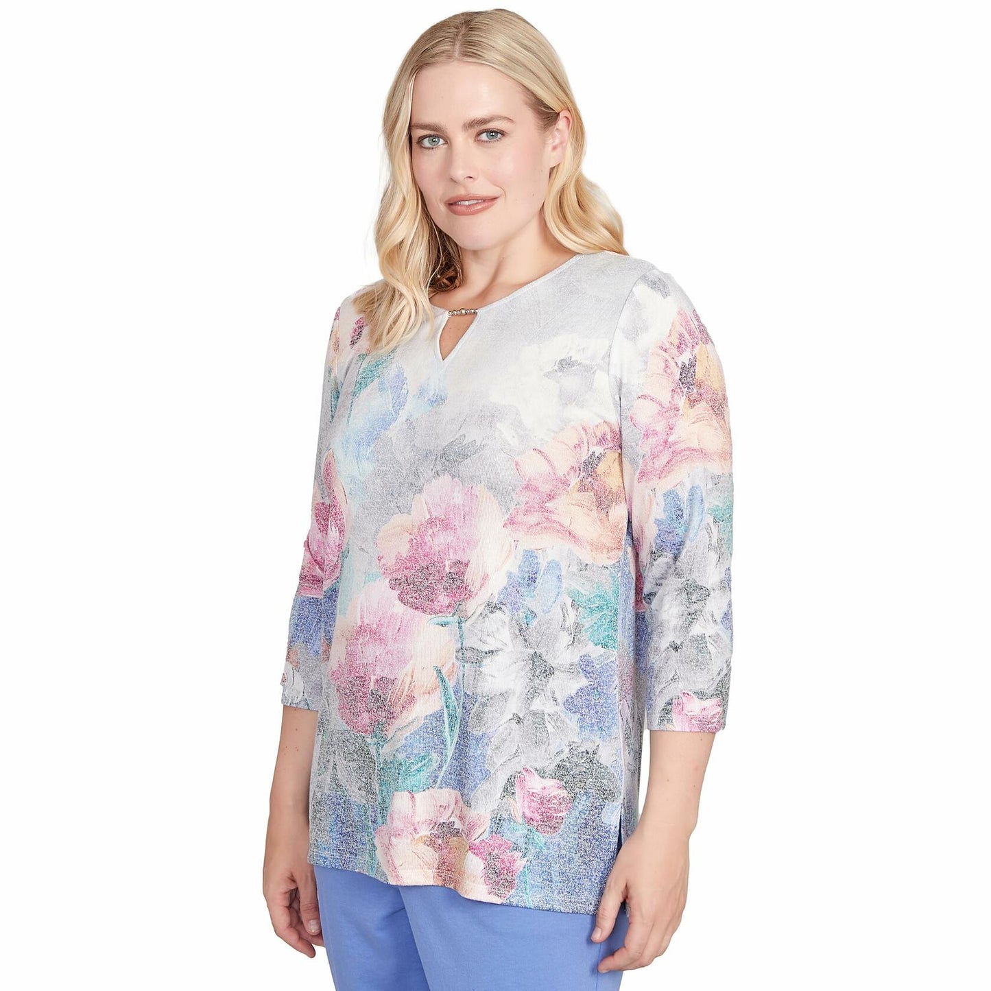 Alfred Dunner Casual Vibe Border Brushstroke Floral Top