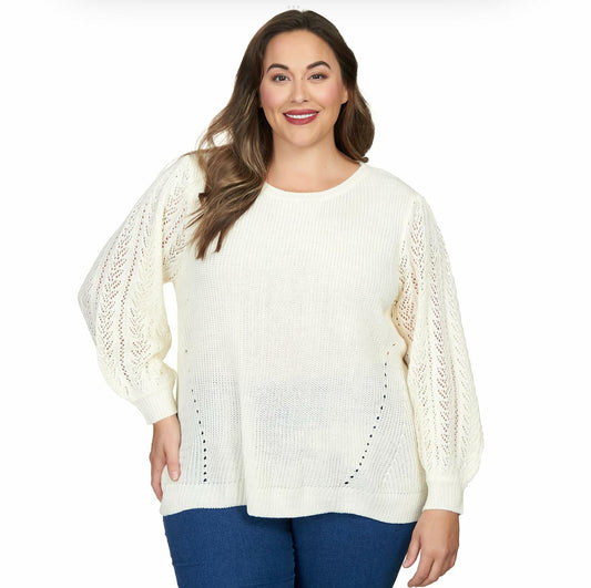 Ruby Rd. Pullover Sweater All Acrylic with Pointelle Puff Sleeve (US, Alpha, 2X, Plus, Regular, Plus Size, Ivory)