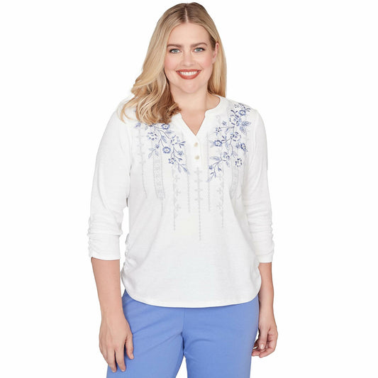 Alfred Dunner Women's Geometric Floral Ruched Henley Top