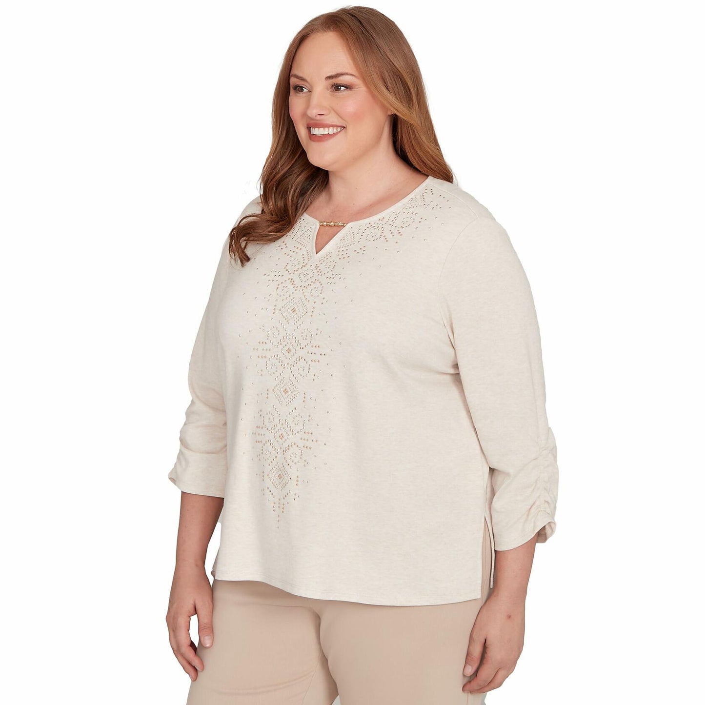 Alfred Dunner Women's Petite Center Embellished V-Neck Top Size PS Stone