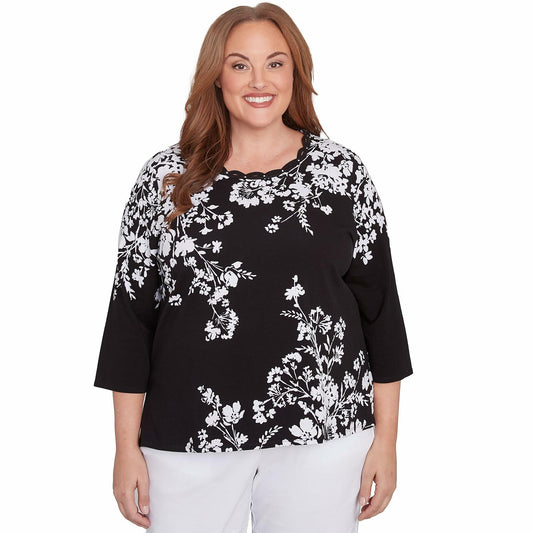 Asymmetric Floral Monotone Crewneck Top