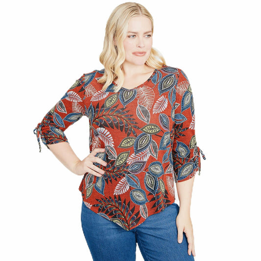 Alfred Dunner Batik Leaves Milange Polyester Top (US, Alpha, Medium, Regular, Petite, Petite, Multi)