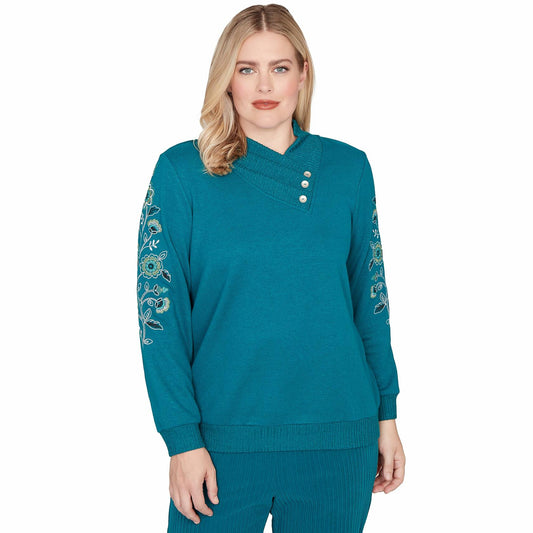 Alfred Dunner Lake Champlain Women's Embroidered Sleeve Button Detail Top