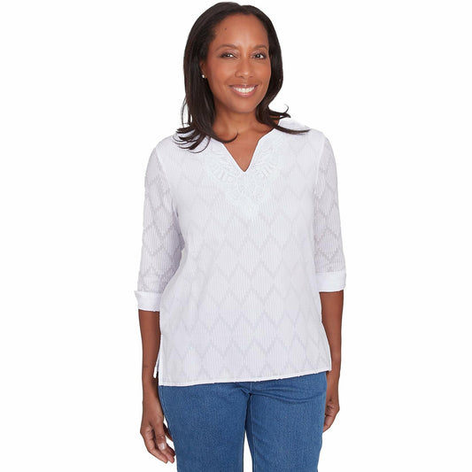 White Textured Split Neck Top