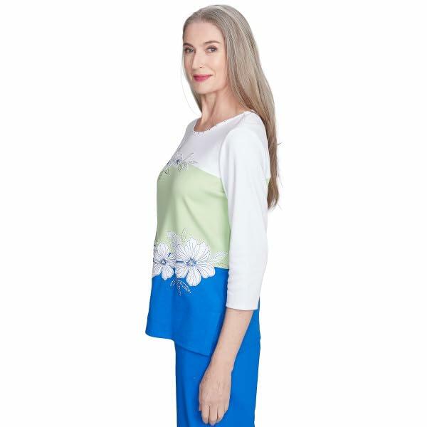 Parrot Cay Spliced Flower Cotton/Polyester 3/4 Sleeve Top