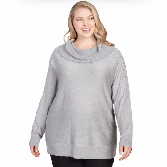 Ruby Rd. Silver sweater Cowel neck With Emelishment plus sizes