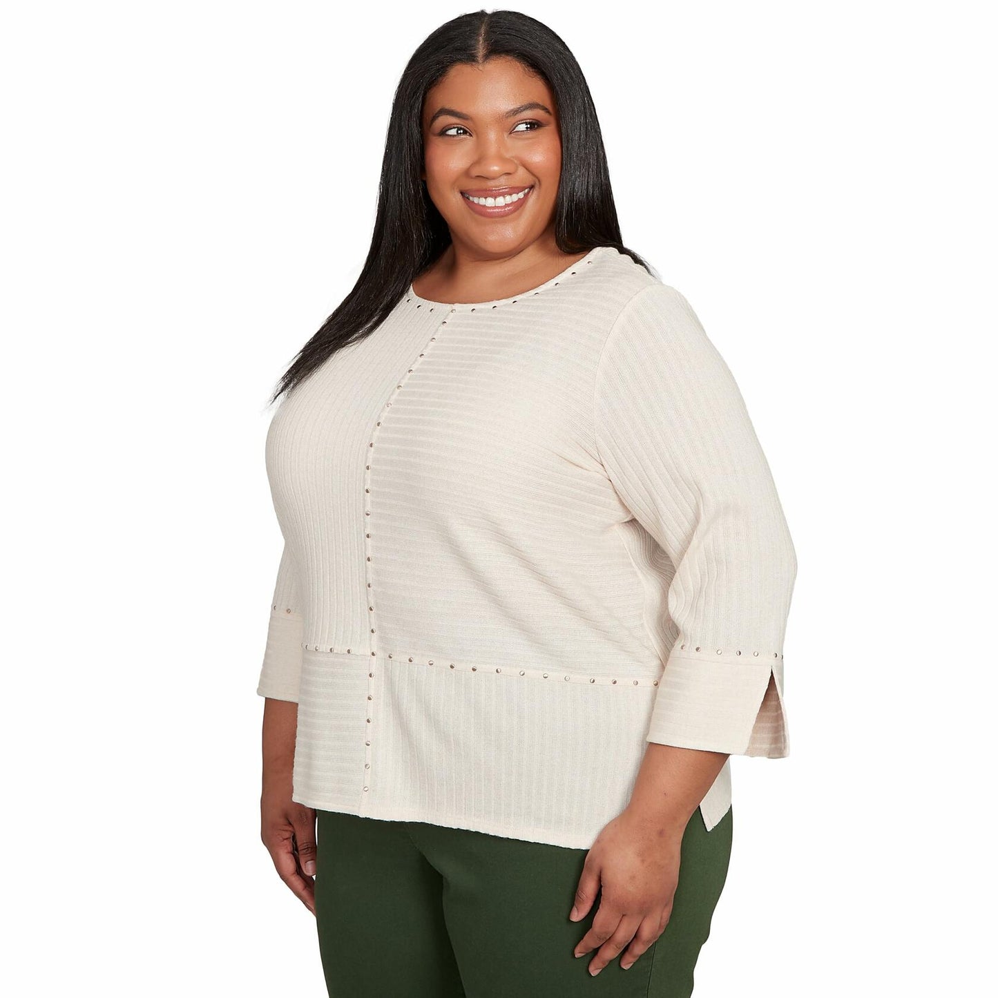 Alfred Dunner Women's Petite Heat Set Embellished Solid Top Size PS Oatmeal