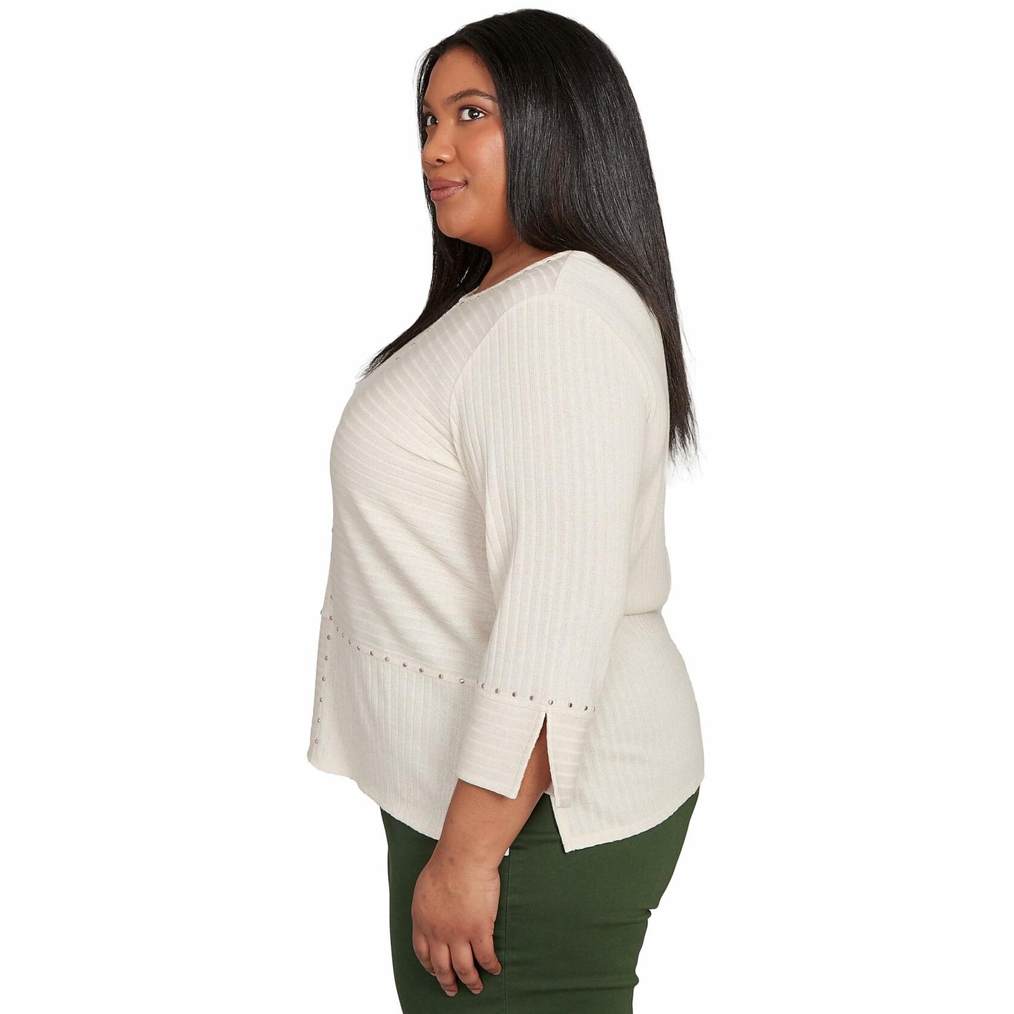 Alfred Dunner Women's Petite Heat Set Embellished Solid Top Size PS Oatmeal