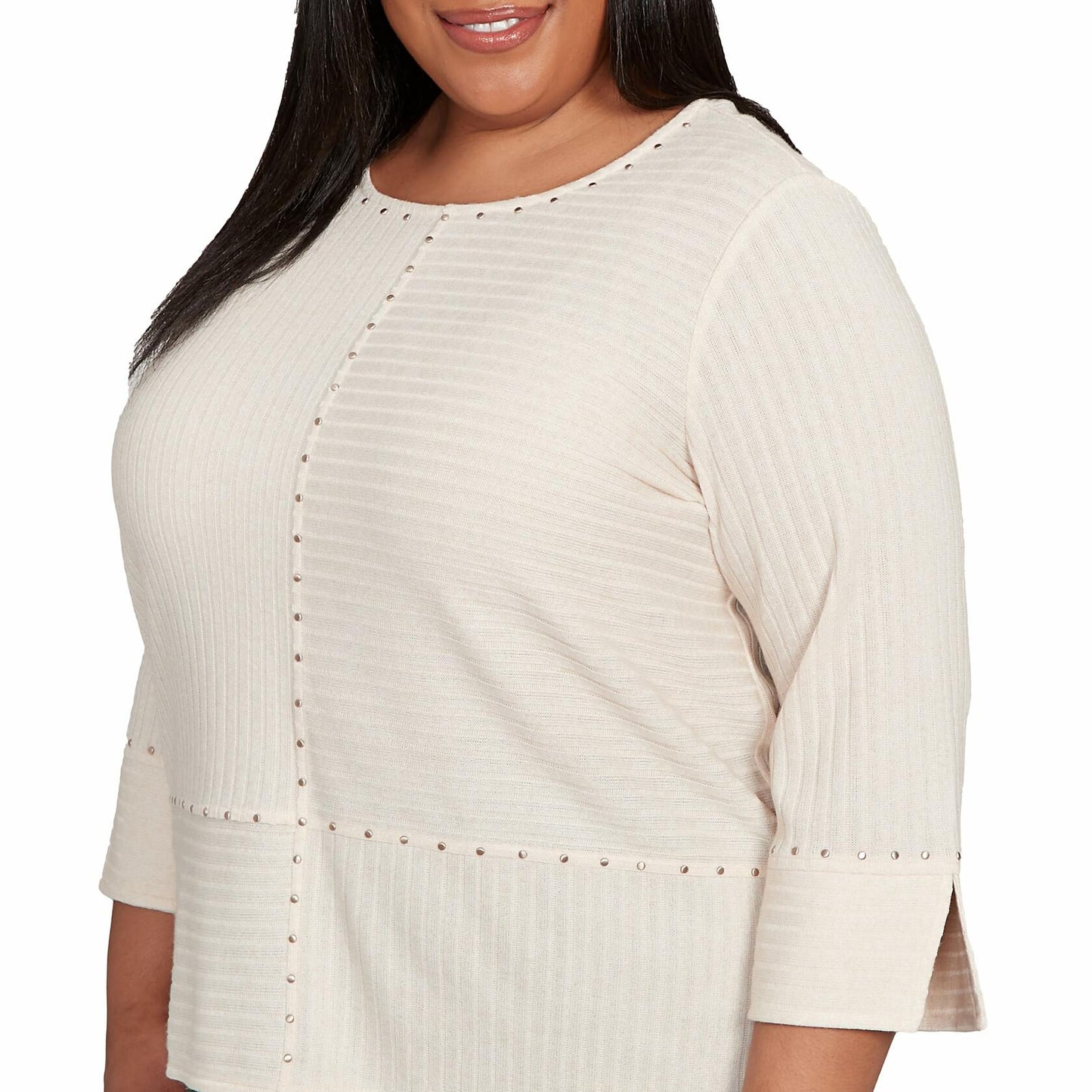 Alfred Dunner Women's Petite Heat Set Embellished Solid Top Size PS Oatmeal