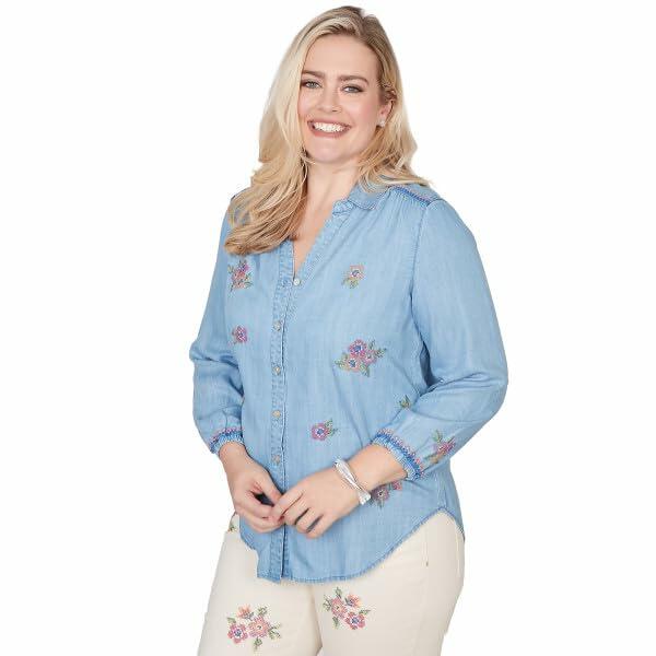 Alfred Dunner Royal Treatment Floral Embroidery Button Down Blouse Lyocell