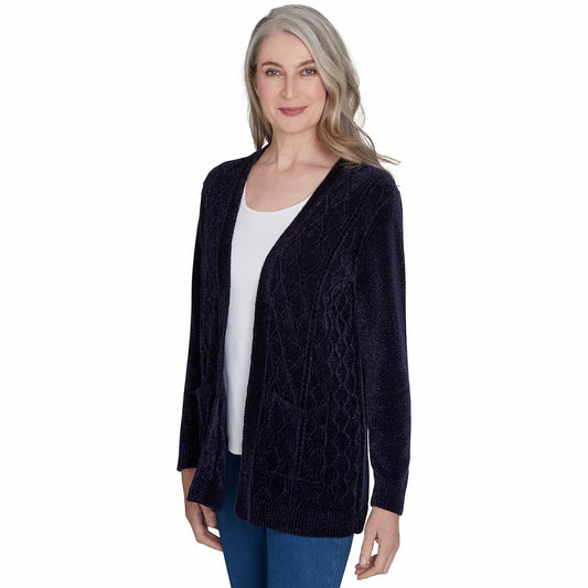 Alfred Dunner Classic Chenille Open Front Cardigan with Pocket Polyester (US, Alpha, Medium, Regular, Petite, Petite, Navy)