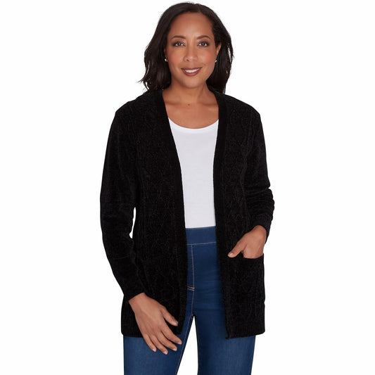 Alfred Dunner Classic Chenille Open Front Cardigan with Pocket Polyester (US, Alpha, Medium, Regular, Petite, Petite, Black)