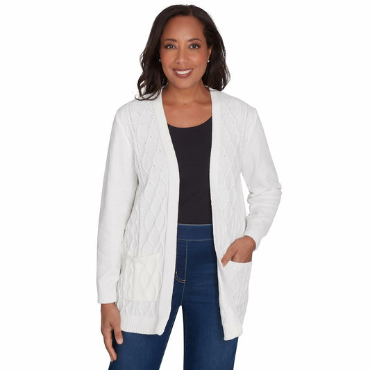 Alfred Dunner Classic Chenille Open Front Cardigan with Pocket Polyester (US, Alpha, Medium, Regular, Regular, Standard, Ivory)