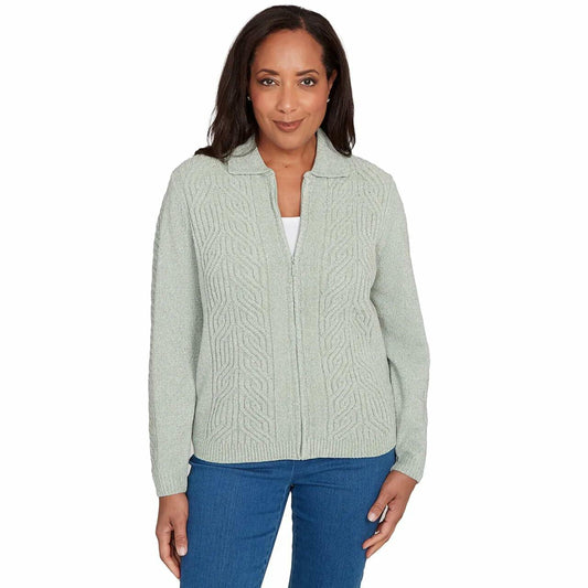 Alfred Dunner Women's Petite Zip-Front Chenille Collared Cardigan (Small, Sage)