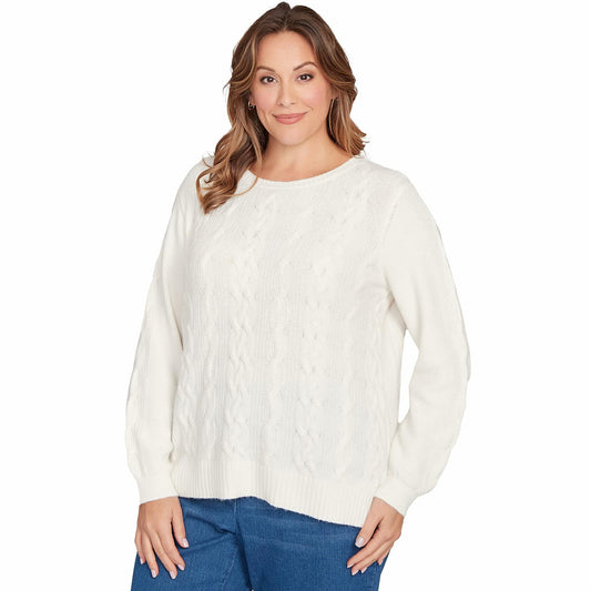 Ruby Rd. Classic Cable Pullover Sweater Polyester/Nylon (US, Alpha, 2X, Plus, Regular, Plus Size, Ivory)