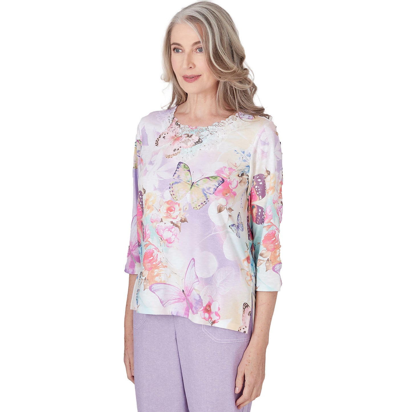 Alfred Dunner Garden Party Butterfly Floral Polyester Top (US, Alpha, Small, Regular, Regular, Standard, Multi)