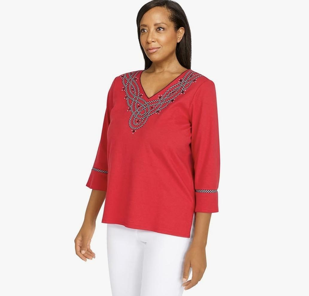 Alfred Dunner Checking In Red Top Cotton Polyester With Bell Sleeve (as1, alpha, s, regular, regular, Standard, Red)