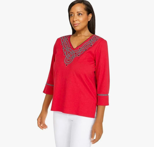 Alfred Dunner Checking In Red Top Cotton Polyester With Bell Sleeve (as1, alpha, s, regular, regular, Standard, Red)
